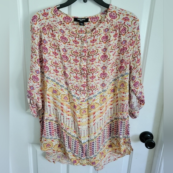 Nine West Women's Floral Boho Floral Multicolor Rolltab Sleeve Tunic Size Large - Picture 1 of 6